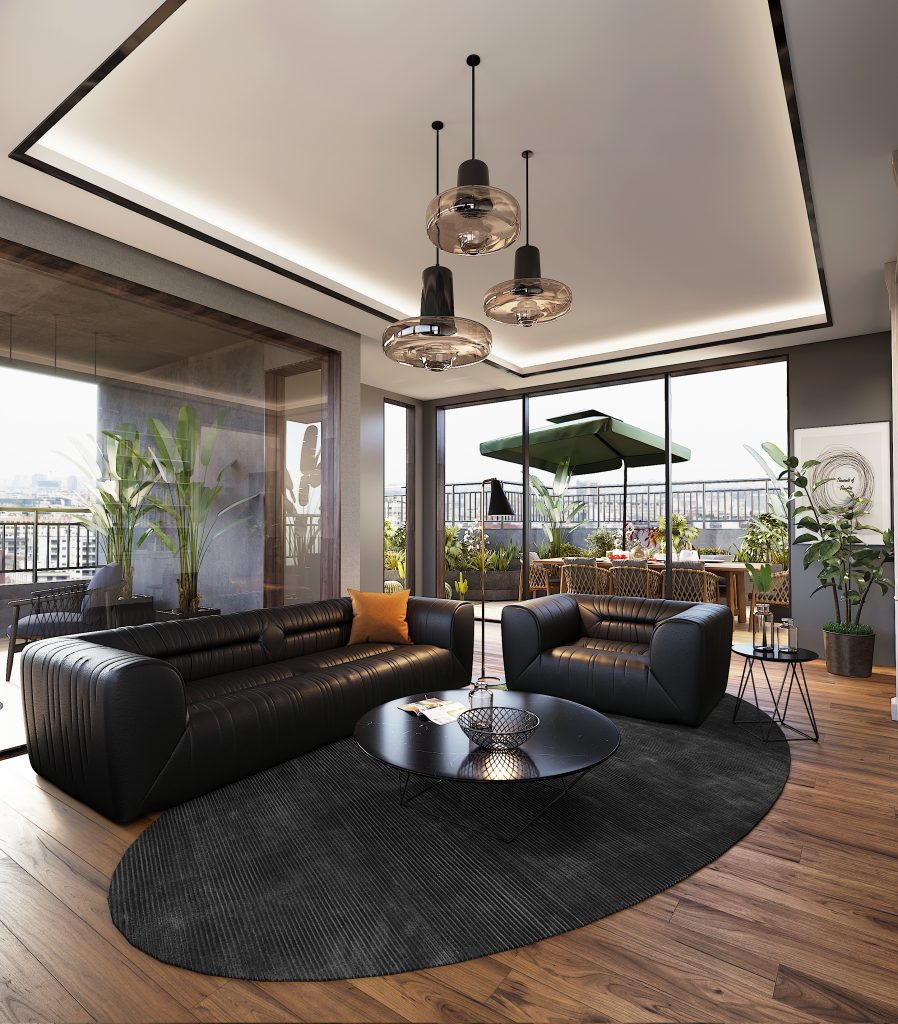 modern living room with black sofa wooden floor 3d render scaled